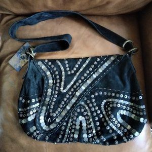 KERRY GRIMA Black Suede Studded Messenger Crossbody Shoulder Purse
